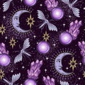 Pattern with magic ball, crystals, moon, butterfly Royalty Free Stock Photo