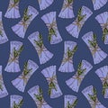 Pattern Magic blue scroll witchcraft hand drawn doodle, with green rosemary twigs, dark blue background.