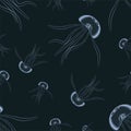 Pattern of magic glowing jellyfish underwater. Undersea world. Flock of jellyfishes swimming in ocean. Vector illustration