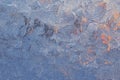 Pattern of magical fantastic plants. Abstract dark blue and red background or wallpaper. Drawing of ice on window pane in winter. Royalty Free Stock Photo