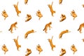 Pattern of many ginger flying jumping, dance funny cats isolated on a white background, set collage