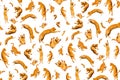 Pattern of many ginger flying jumping, dance funny cats isolated on a white background, set collage