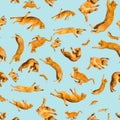 Pattern of many ginger flying jumping, dance funny cats, on a light background, set collage