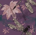 Pattern with maple leaf and dragonfly& x27;s Royalty Free Stock Photo