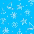 Blue sea travel vacation seamless pattern.