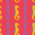 Pattern on a marine theme with seaweed, seahorse, ornament Royalty Free Stock Photo