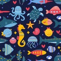 Pattern on a marine theme with shell, seaweed, seahorse, puffer fish, jellyfish, octopus Royalty Free Stock Photo