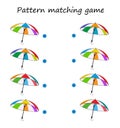 Pattern matching game. Task for the development of attention and logic. Vector illustration of the cute umbrellas