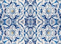 Rapport of rosettes ornaments in white and blue indigo tapestry pattern. Generative AI. Pattern mirrored repeat duplicates