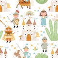 Pattern medieval castle, court life cute cartoon characters knight, princess
