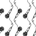 Pattern with microphone. seamless pattern of vintage microphone with black isolated line on white. a simple musical background of Royalty Free Stock Photo