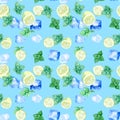 Pattern of mint and lemon. Food background with citrus. Mint leaves, lemon slices isolated on white background. Top view