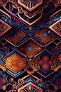 Pattern mirror of Pentagons with manual drawings in Orange and blue. Pattern mirrored repeat for background. Generative AI