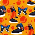 A pattern with modern fashionable guys in big sneakers with a basketball. Background for stores in the marketing section