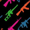Pattern with modern weapons in acid tones on a black background
