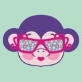 Pattern monkey head in sunglasses decorated with flowers. Chinese zodiac: 2016 year monkey.