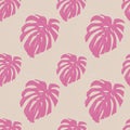 Pattern with monstera leaves in pink color, textile soft beige pastel background. Royalty Free Stock Photo