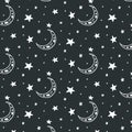 Pattern with moon and stars. Vector doodle style pattern. Vector ornament with outer space Royalty Free Stock Photo