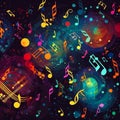 Pattern of multi-colored notes on black, musical background for the design of discs, videos, songs,