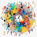 Pattern of multi-colored notes on white, musical background for the design of discs, videos, songs,