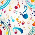 Pattern of multi-colored notes on white, musical background for the design of discs, videos, songs,