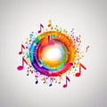 Pattern of multi-colored notes on white, musical background for the design of discs, videos, songs