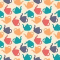 Pattern of multi-colored silhouettes of a teapot. Kettle. Kitchen seamless print for tea party. Kitchenware. Utensils. Royalty Free Stock Photo