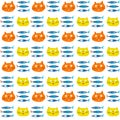 Pattern with muzzles of kittens and fish. Vector illustration isolated on white background.