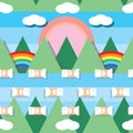 Pattern of nature landscape, seamless pattern, simple form of mountainscape, sun, lake, clouds, rainbow, sky, and flying cute Royalty Free Stock Photo