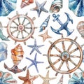 Pattern with nauticals, starfish, seashells with watercolors for kids' prints and textures Royalty Free Stock Photo