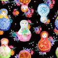 Pattern of nesting dolls and flowers on a black background Royalty Free Stock Photo