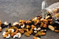 Pattern of nuts in circle form. Various nuts on dark background. pecan, macadamia, brazil nut, walnut, almonds, hazelnuts