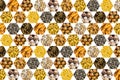 Pattern of nuts coconut cashew hazel nut spices and corn grains yellow honeycomb icon on white background