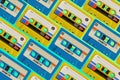 Pattern of old colorful cassette audio tape, Blue and yellow color background Royalty Free Stock Photo