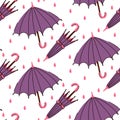 Pattern of an open and closed purple umbrella in the rain. Seamless, repetitive flat autumn cartoon texture. Cute