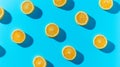 Pattern with orange slices arranged on a light blue background. Generative AI Royalty Free Stock Photo