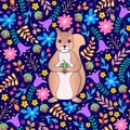 Pattern with orange squirrel and flowers Royalty Free Stock Photo