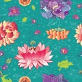 Pattern with oriental, asian flowers