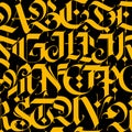 Pattern, ornament in the Gothic style. Vector. Alphabet. Symbols are yellow on a black background. Calligraphy and lettering. Medi