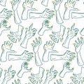 A pattern from the outline of a dead man's hands, zombie hands trying to grab each other. Attacking green hands. It Royalty Free Stock Photo
