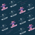A pattern with outline girls riding a snowboard. Vector pattern with female snowboarders in a flat style. Illustration with deep