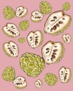 Pattern with fruits of nuna on a pink background