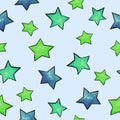 Pattern with painted green and blue stars on alight blue background. Clothes print.