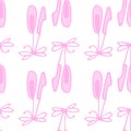 a pattern of a pair of ballet flats tied on a ribbon with a pink bow on a white background. Seamless pattern of children