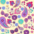 Pattern of paisley, leaves and flowers summer decorative background.