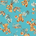 Pattern with palm trees, Hawaiian scenery, and bears, Royalty Free Stock Photo