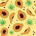 Pattern of papaya with green leafs set on yellow background