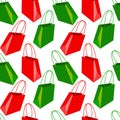 Pattern of a paper shopping bag with handles in red and green colors on a white background. Seamless festive, gift texture. Royalty Free Stock Photo