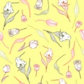 Pattern with pastel callas,tulips and leaves