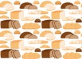 Pattern from pastry bread from wheat, whole grain and rye, bakery food, bun. Seamless background with loaf, bread brick